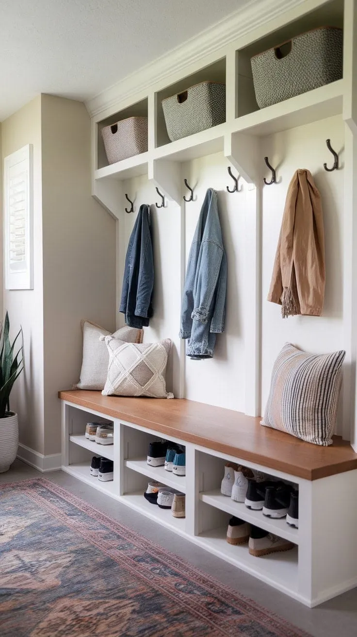 This mudroom masterfully combines modern design with boho charm, offering stylish organization and a warm, inviting atmosphere.