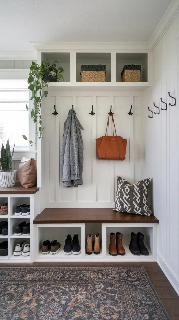 This mudroom masterfully combines style and practicality, transforming organized chaos into a serene entryway adorned with vibrant plants.
