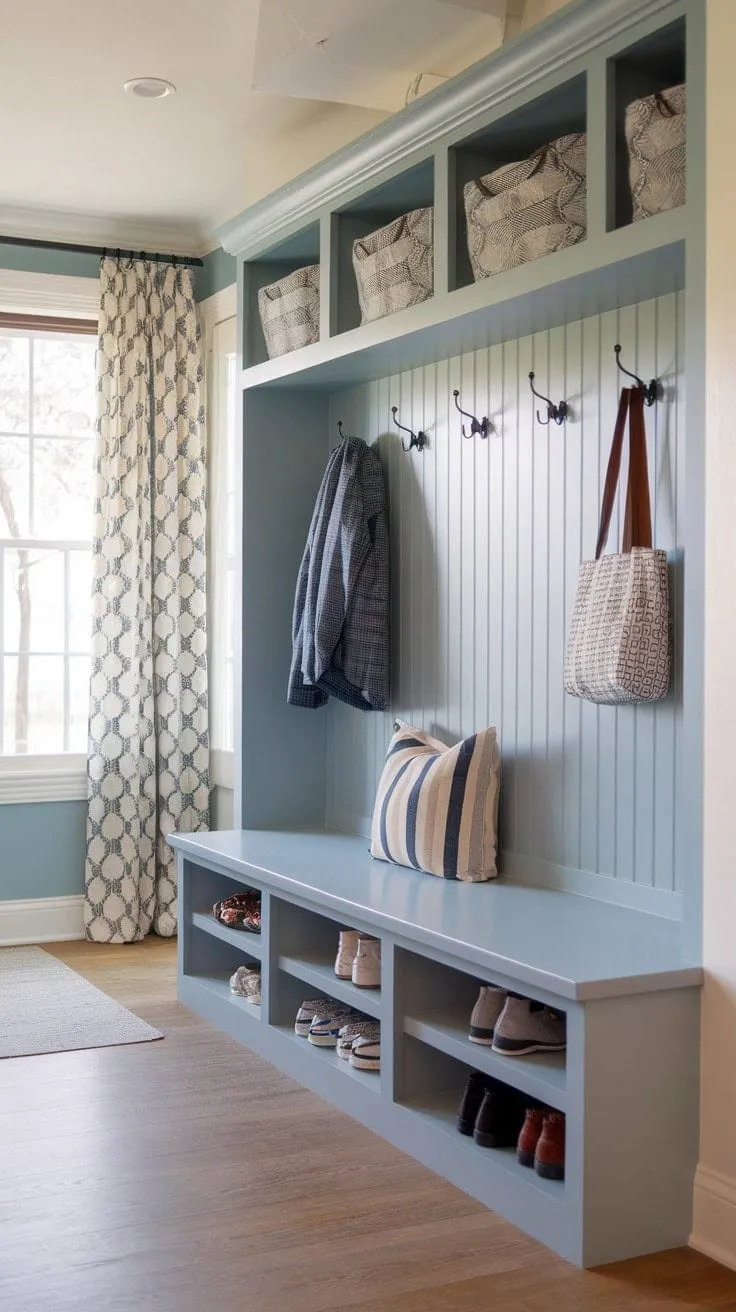 A serene light blue mudroom blends modern and boho styles with clever storage solutions, making it both functional and inviting.