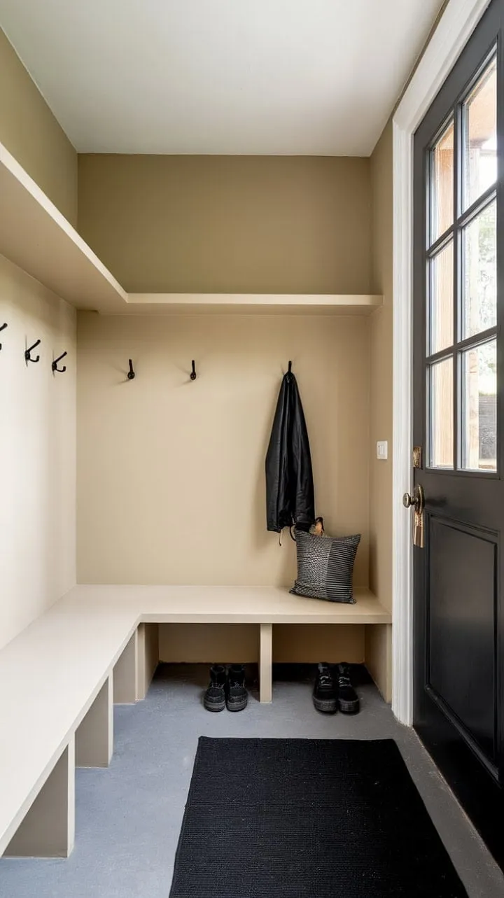 This modern mudroom blends sophistication and functionality with its neutral tones, clean lines, and a striking black door against a serene beige backdrop.