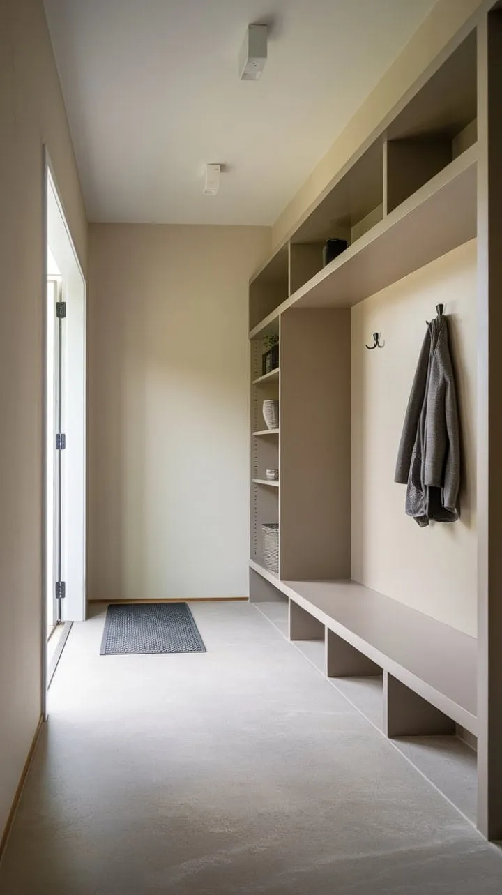 This stylish mudroom combines practicality and elegance with its neutral palette, simple shelving, and discreet coat hooks for a welcoming entryway.
