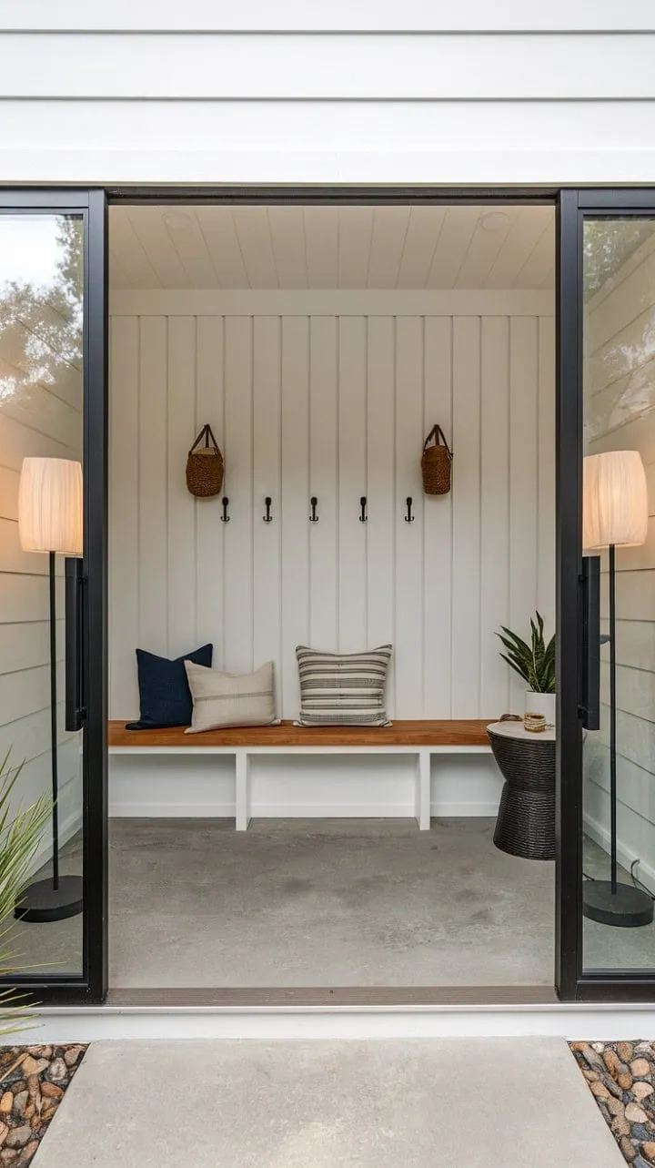 This mudroom harmoniously combines minimalist design and functionality, with natural light accentuating its warm wood and elegantly understated cement floor.