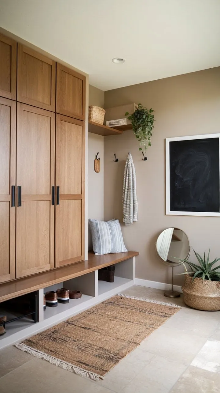 This serene mudroom embodies minimalist elegance, where thoughtful design and natural elements harmonize to create a tranquil space of organization.