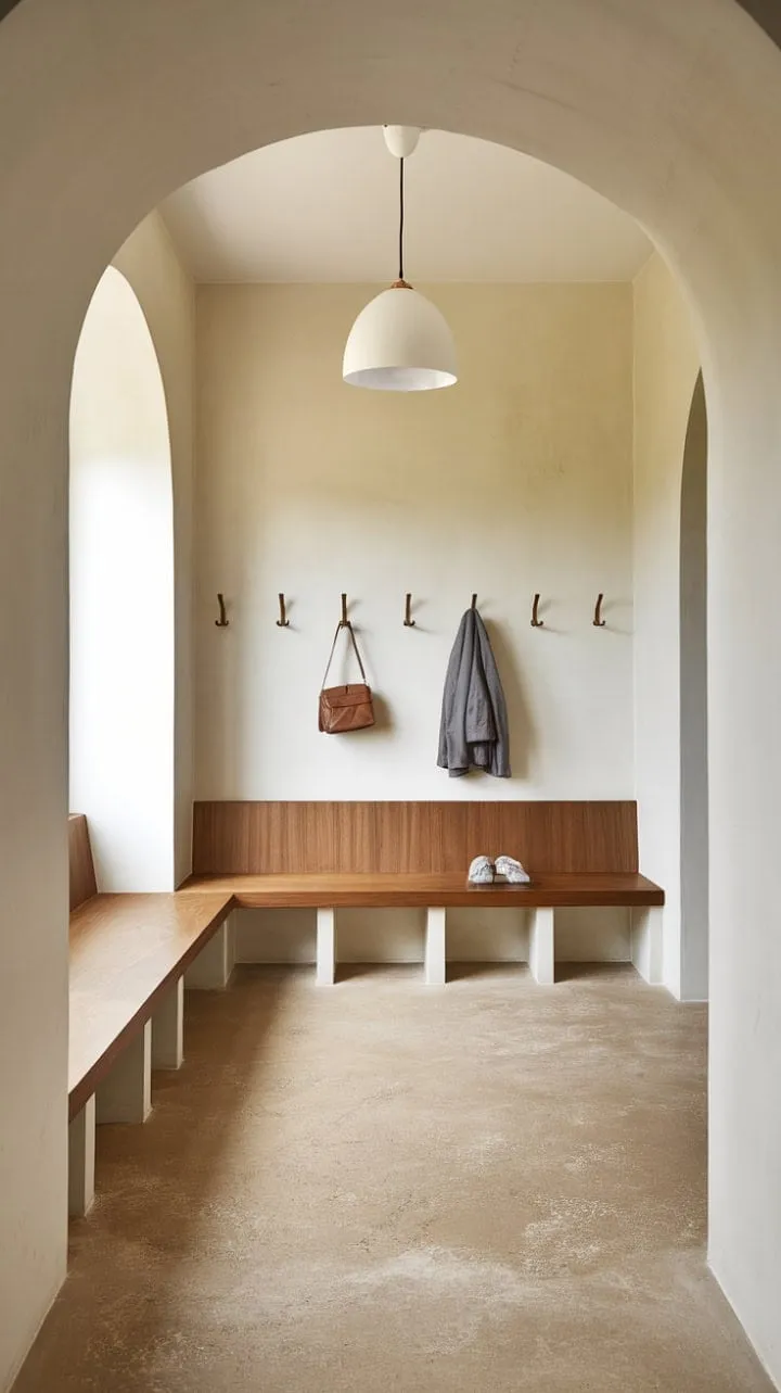 This modern mudroom blends calming neutral tones and minimalist design, featuring a concrete floor and white walls that beautifully highlight a wooden bench and sleek hooks for stylish storage.