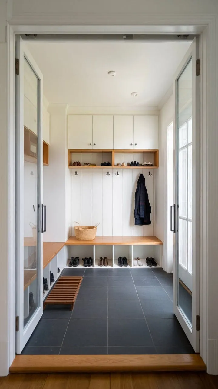 This stylish mudroom seamlessly combines minimalist white cabinetry and warm wood accents with a dark gray floor, creating an inviting and organized entryway that welcomes you home.