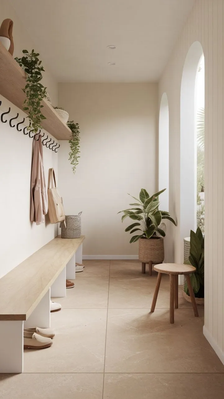 This minimalist mudroom combines serene lighting and neutral tones with clean lines and thoughtful organization, creating a tranquil yet functional entryway.