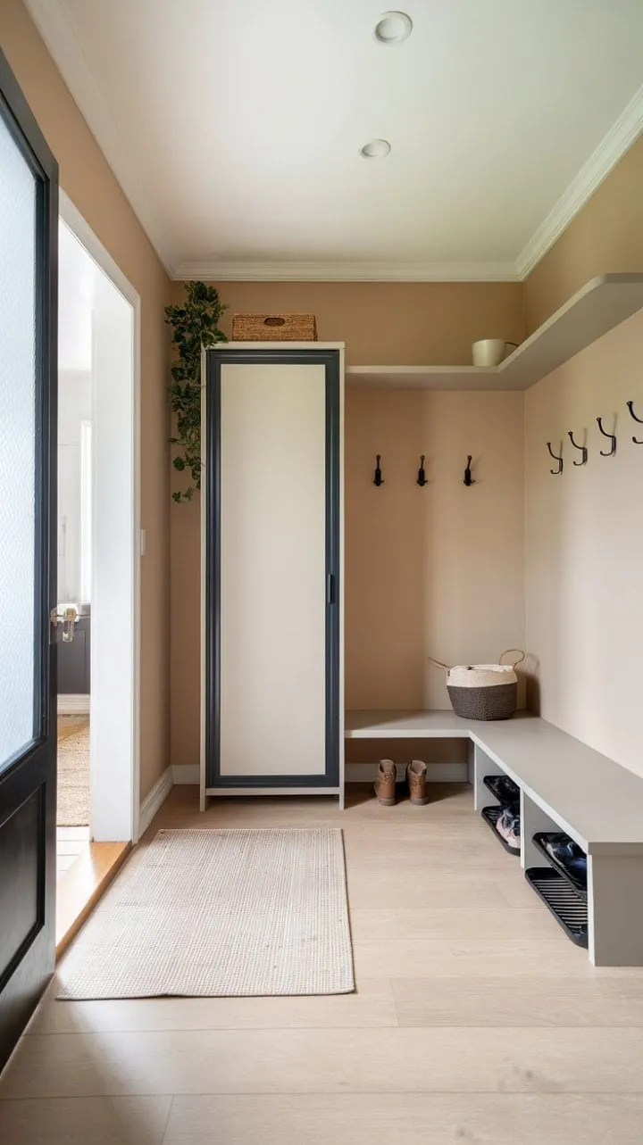 This serene mudroom seamlessly combines stylish design and practical storage, creating a tranquil entryway that invites calm into your busy life.