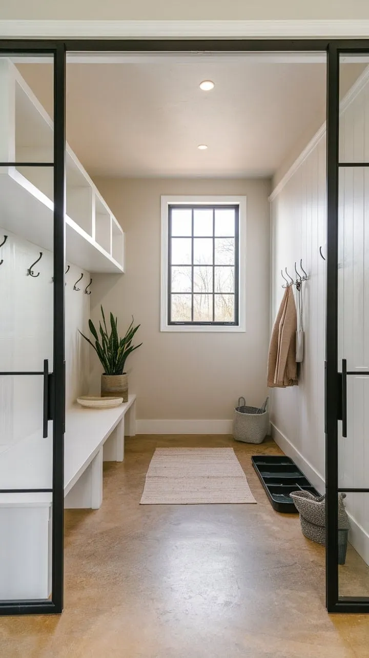This modern mudroom elegantly showcases minimalist design, where natural light and thoughtful textures harmonize to create a warm, functional space.