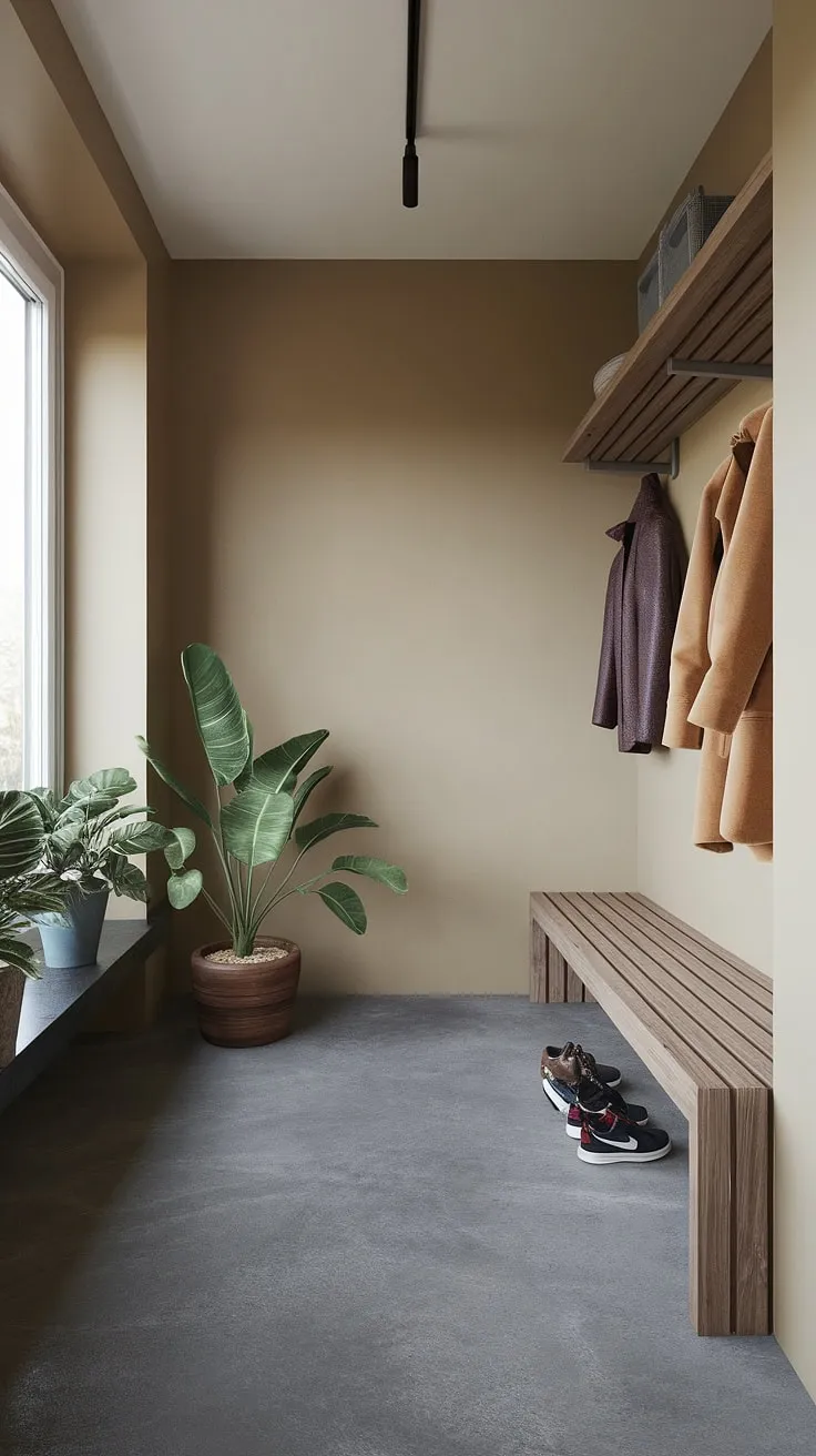 Step inside this serene mudroom, where minimalist design meets practical functionality. The neutral palette, natural light, and thoughtfully placed plants create a welcoming atmosphere, making even the mundane task of shedding outerwear a moment of calm. A perfect blend of form and function.