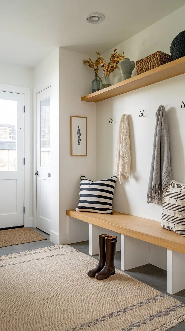 This townhome's mudroom is a study in understated elegance. The clean white walls and simple wooden shelving create a calming space, while the subtle beige rug and brown boots add a touch of warmth. A perfect example of how less can be more.