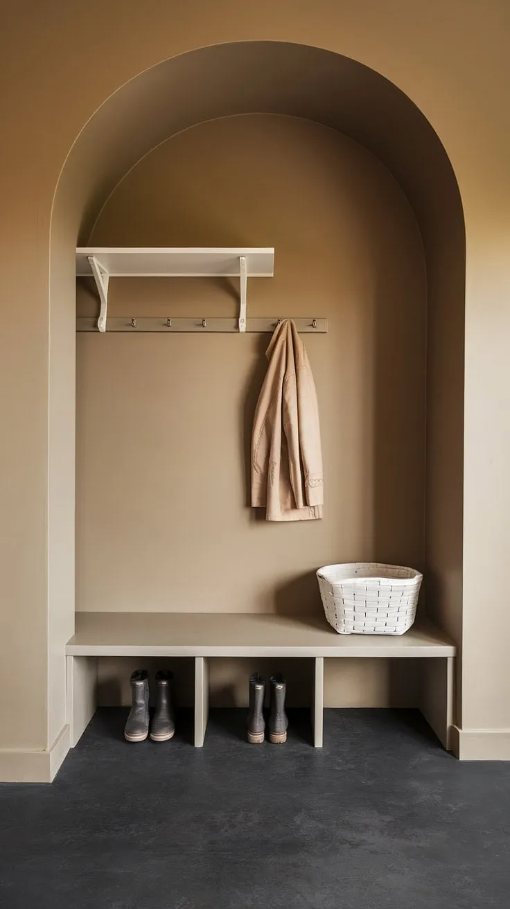 A haven of understated elegance. This mudroom's neutral palette and clean lines create a welcoming atmosphere, while the thoughtful storage solutions ensure everything is in its place. A testament to the power of simple design.