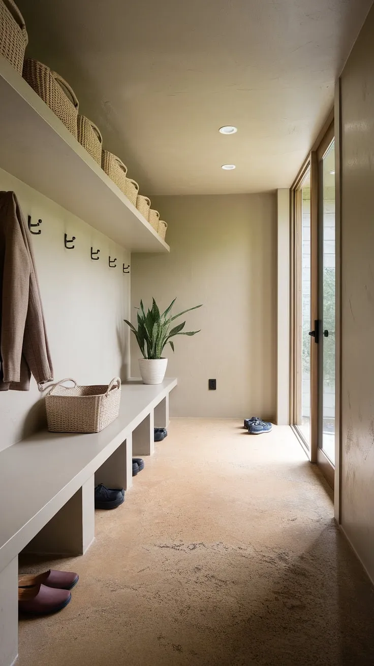 Sunlight streams into this minimalist mudroom, highlighting the calm beige palette and functional design. A long shelf, thoughtfully styled with baskets and greenery, provides ample storage, while the concrete floor offers a durable and stylish foundation. A sense of understated elegance pervades the space, making even the everyday task of shedding coats and shoes feel serene.