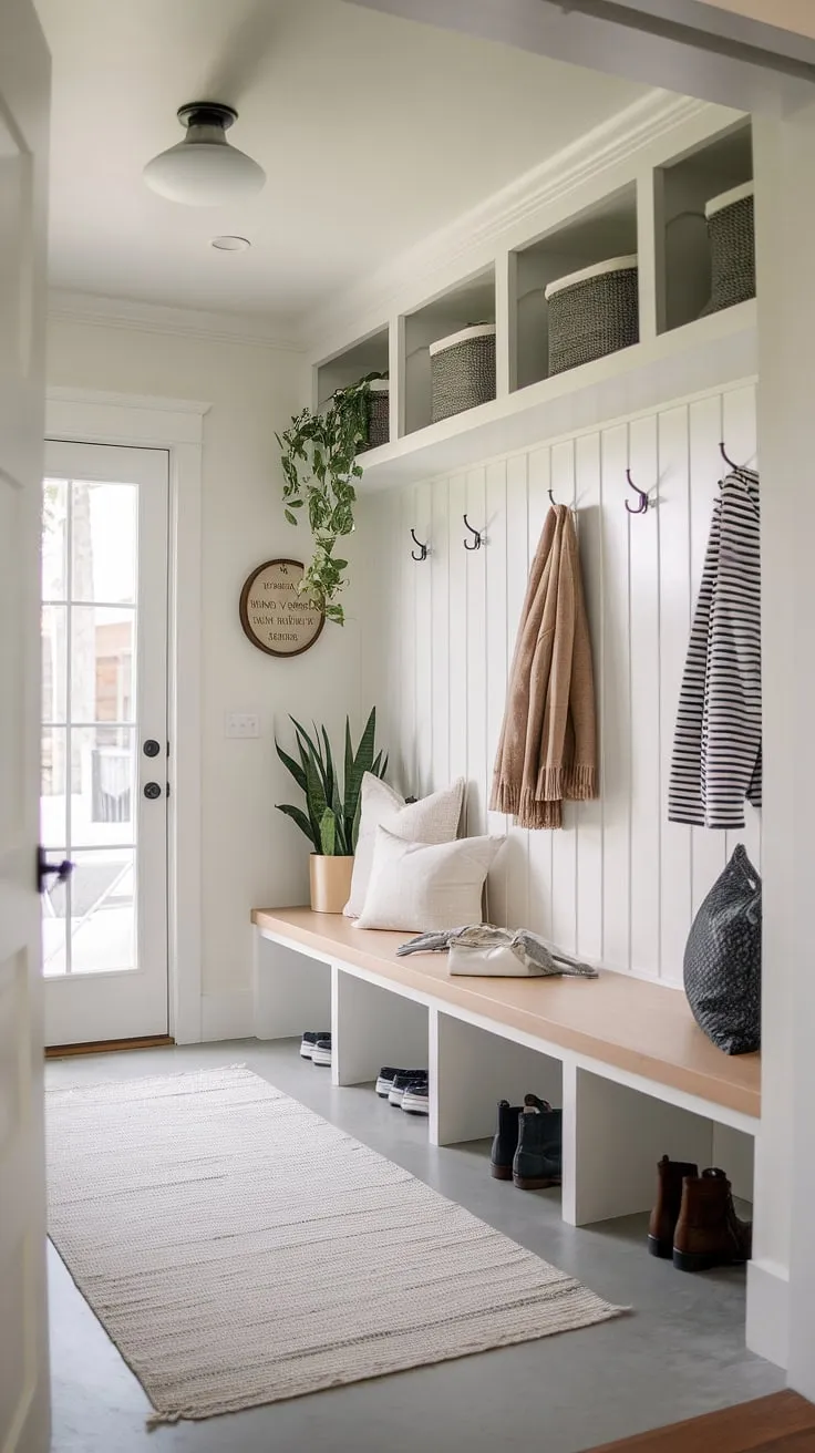 Step inside this serene mudroom, a minimalist haven designed for effortless organization. The built-in bench with storage compartments and coat hooks keeps everything tidy, while the soft rug and greenery add a touch of warmth. A perfect blend of form and function for the modern townhome.