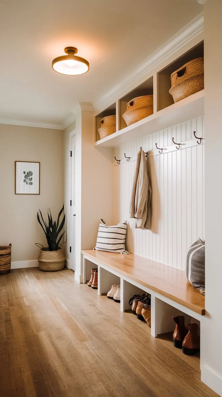 Step into serenity. This minimalist mudroom, with its built-in bench and ample storage, effortlessly blends functionality with a calming aesthetic. The warm lighting and natural wood create a welcoming atmosphere, making even the most mundane tasks feel a little more special. A perfect blend of form and function.