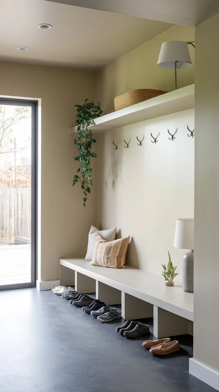 Organized chaos redefined. This minimalist mudroom effortlessly balances practicality and style. The neutral color palette, punctuated by the subtle green of the plant and the warm glow of the lamp, creates a space that's both inviting and efficient. A testament to the beauty of simple design.