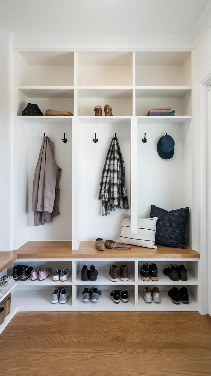 A perfectly organized space is a perfectly happy space. This mudroom's A+ design proves that functionality and aesthetics can coexist beautifully. The simple yet effective storage solutions make for a calm and inviting entryway.