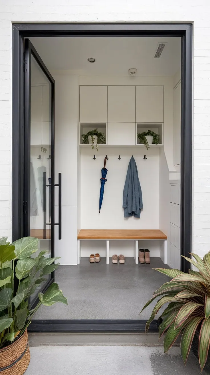 A thoughtfully designed mudroom, showcasing the perfect blend of form and function. The gray concrete floor and white walls provide a neutral backdrop for the sleek wooden bench and cleverly concealed storage. With coats neatly hung and umbrellas readily available, this space effortlessly manages the everyday chaos of coming and going.