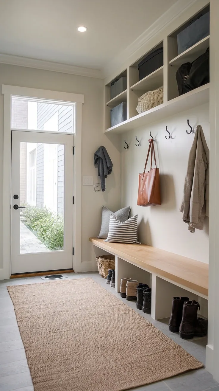 A thoughtfully designed mudroom, showcasing the perfect balance of form and function. The neutral color palette, combined with the practical storage solutions-including a bench with hidden storage and a designated shoe basket-makes this space both stylish and incredibly efficient. A welcome addition to any townhome.