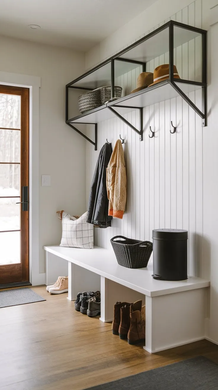 This bright and airy mudroom is the epitome of modern minimalism. A well-organized space, complete with stylish storage solutions and a welcoming atmosphere, makes coming and going a breeze. The perfect entryway for any home.