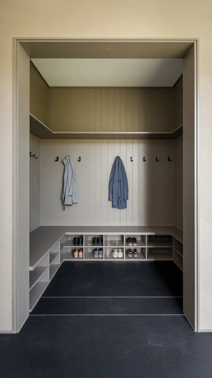 Step into serenity: This minimalist mudroom, with its calming beige walls and dark grey floor, offers a functional yet stylish space to organize coats, shoes, and bags. A perfect blend of form and function, it effortlessly transitions from outdoor chaos to indoor calm. A welcome respite after a long day.