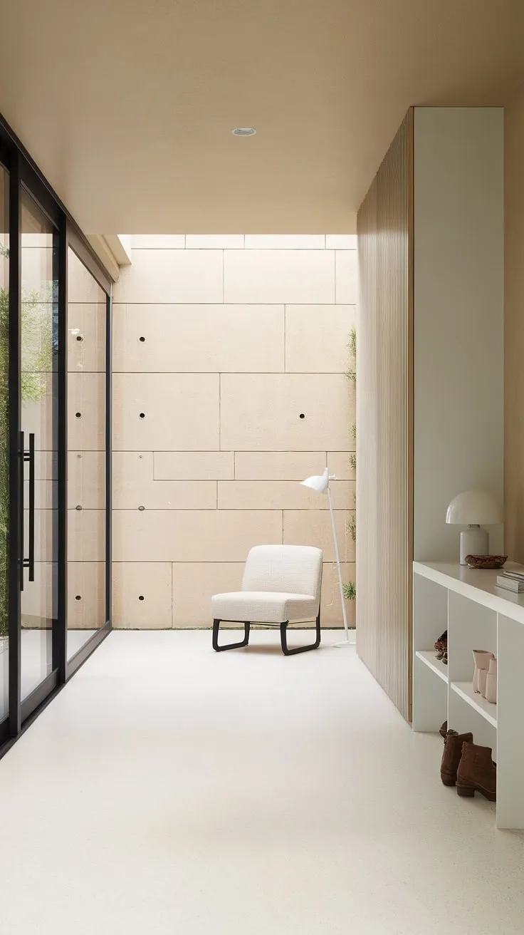 This serene mudroom, bathed in natural light, showcases the beauty of simplicity. A thoughtfully designed space, it effortlessly blends practicality with understated elegance, proving that less is truly more. The calming atmosphere welcomes you home.