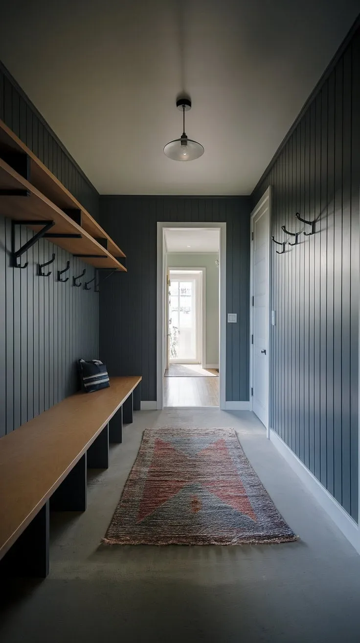 A sanctuary of calm amidst the daily rush. This mudroom's minimalist design, featuring a dark grey backdrop and warm wood accents, offers a practical and aesthetically pleasing space to shed the day's burdens. The thoughtful storage solutions ensure everything has its place, leaving you feeling organized and at ease.