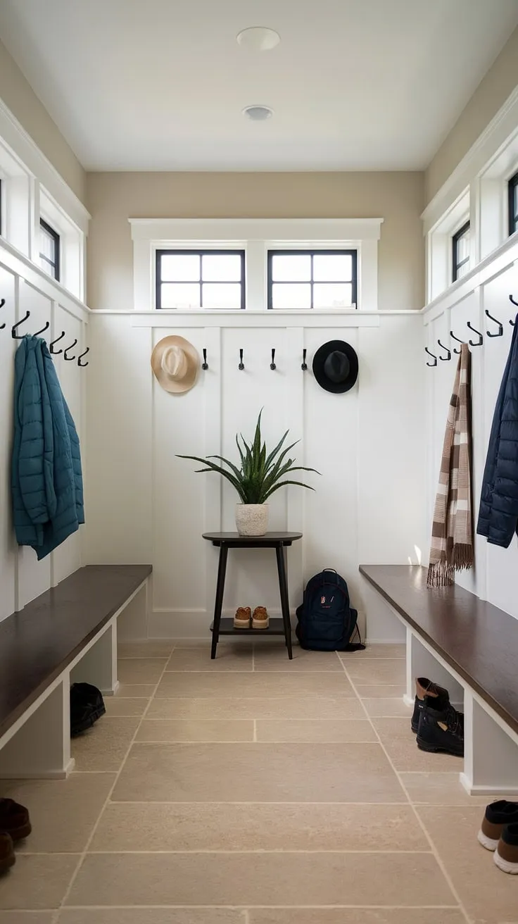 This modern mudroom is the epitome of streamlined organization. Clean lines, a neutral color scheme, and smart storage solutions-from the wall-mounted hooks to the small table-make this space a haven of calm amidst the daily rush. A simple yet sophisticated entryway that effortlessly manages clutter.