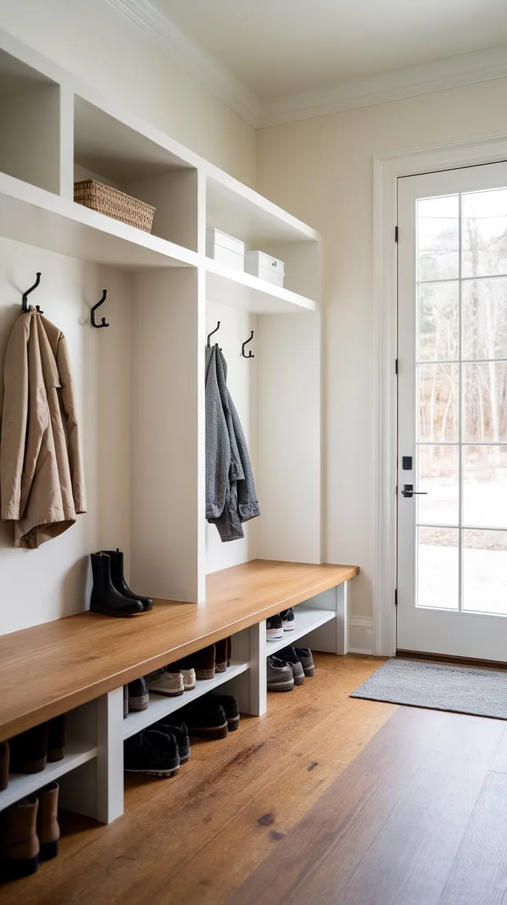 Step inside a sanctuary of calm: A minimalist mudroom designed for effortless organization. Natural light floods the space, highlighting clean lines and functional storage solutions, making even the busiest entryway feel serene.