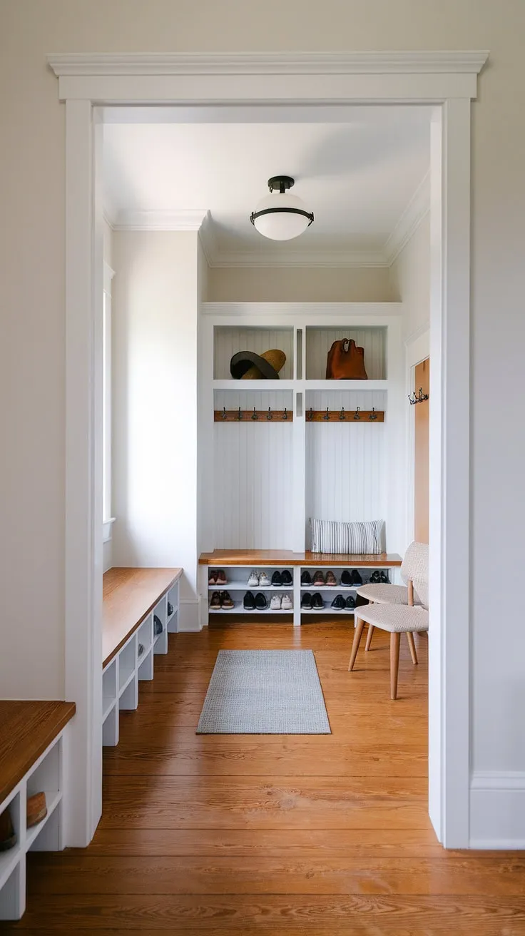 Step inside this serene mudroom, where minimalist design meets practical functionality. The clean lines and natural wood create a calming atmosphere, perfect for shedding the day's worries and storing outerwear with ease. A thoughtfully designed space for a simpler life.