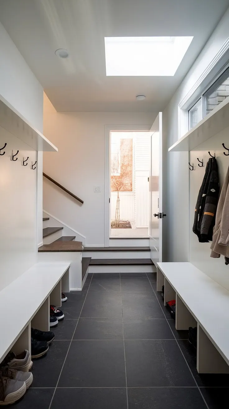 A sanctuary of simplicity: This modern mudroom's clean lines and neutral palette create A welcoming entryway. The thoughtful design, incorporating both natural light and practical storage solutions like the coat hooks and shoe rack, makes A positive first impression and sets the tone for the entire home.