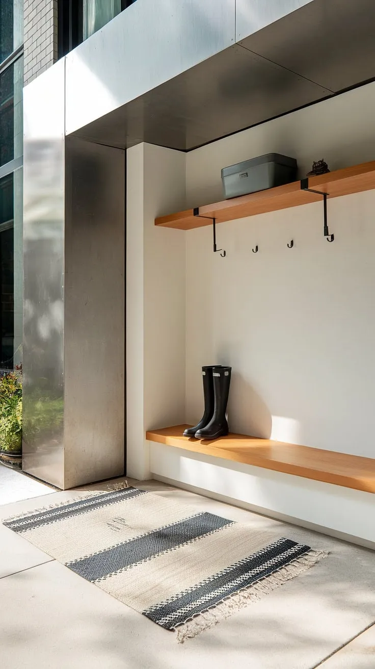 This townhome's mudroom is a study in understated elegance. A simple yet sophisticated space, the clean lines and neutral palette are punctuated by the warmth of the wood and the subtle texture of the rug. A perfect blend of form and function.