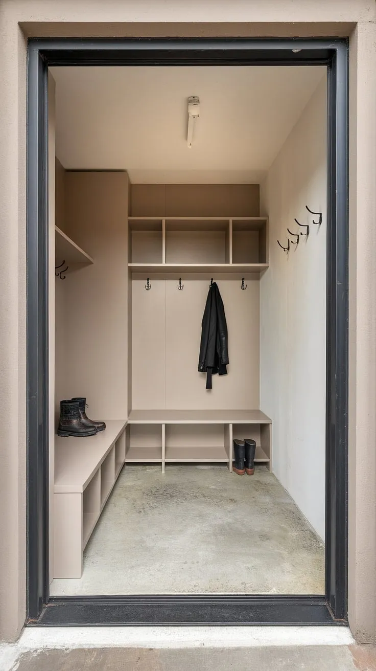 This townhome's entryway is anything but ordinary. A thoughtfully designed mudroom, featuring a minimalist aesthetic and practical storage solutions, welcomes you home. The concrete floor adds a touch of industrial chic, while the built-in bench with storage and strategically placed hooks provide ample space for outerwear and footwear. A perfect example of how functionality can be stylish.