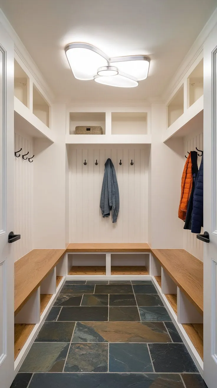 This townhome's mudroom is a study in understated elegance. Clean white walls, a sleek slate floor, and thoughtfully designed built-in wooden benches provide both style and storage. The added hooks and shelf ensure everything has its place, creating a peaceful and organized entryway.