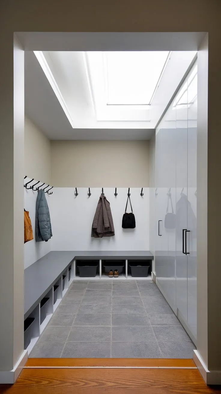 A bright and airy townhome mudroom, designed for effortless organization. The neutral color palette of white and grey, complemented by a concrete floor, provides a calming backdrop. Clever storage solutions, such as the bench with storage bins and wall hooks, keep everything in its place. A perfect blend of form and function, enhanced by natural light from the skylight.