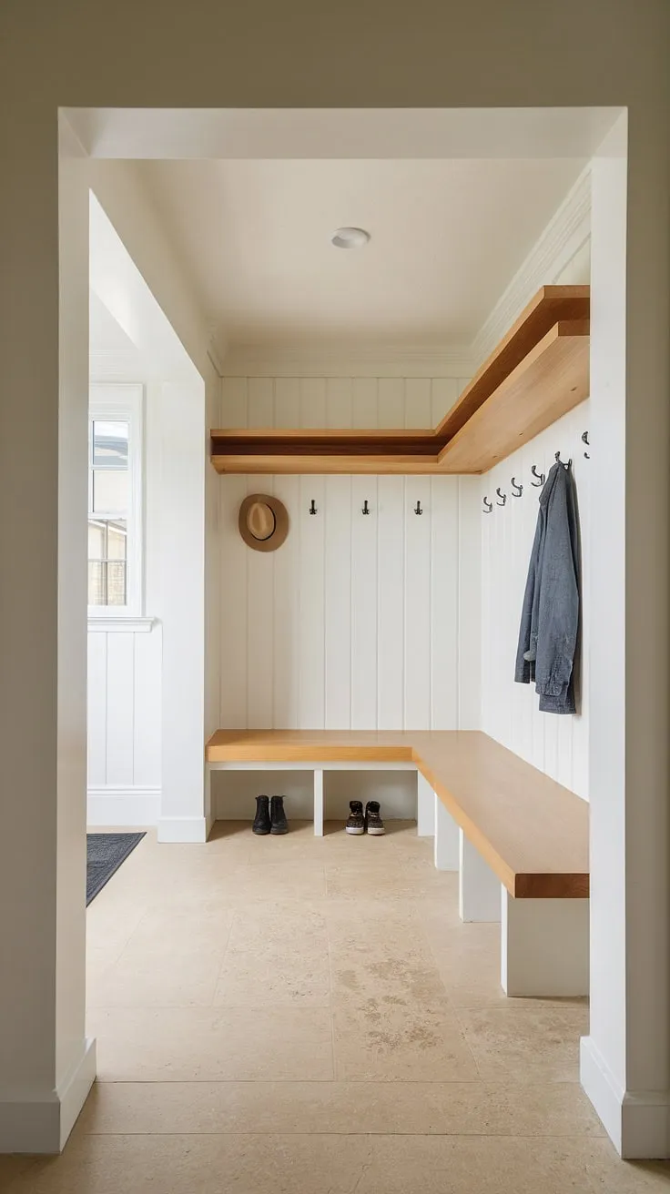 Step into serenity. This minimalist mudroom, designed as a welcoming entrance to a townhome, seamlessly blends functionality and style. The light-filled space, with its clean lines and natural wood accents, offers a calm transition from the outside world, providing ample storage for coats, hats, and shoes. A perfect example of hall design at its finest.