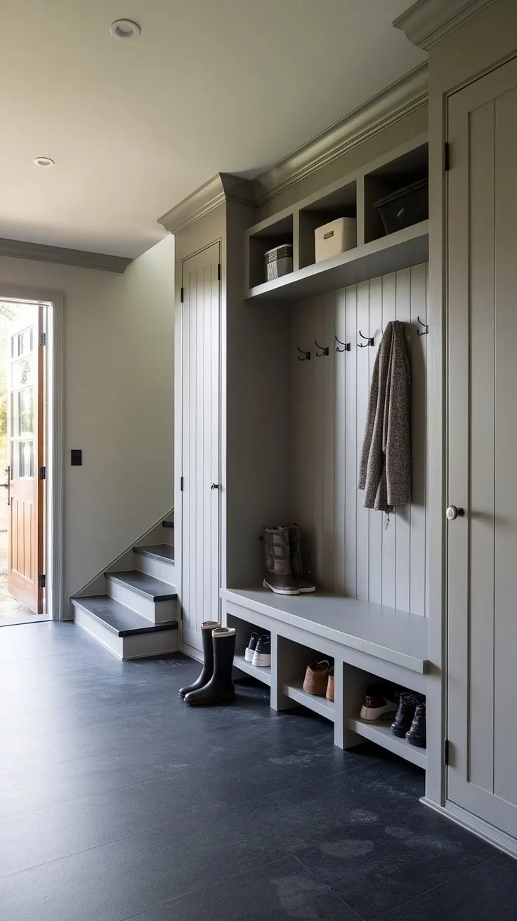 Functional yet stylish, this mudroom seamlessly blends practicality with a modern aesthetic. The light grey walls and dark grey floor create a calming backdrop for the built-in storage, while the coat rack and bench offer convenient places to drop your things. A welcome addition to any home.