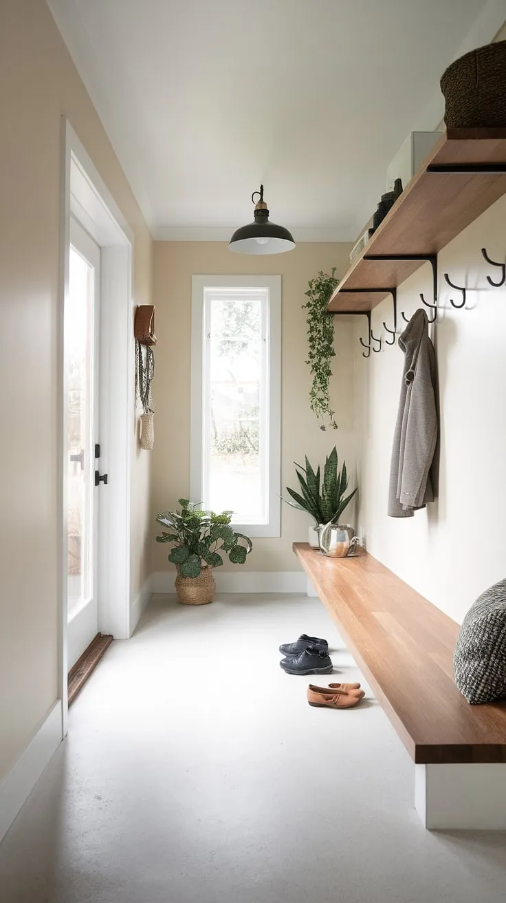 This minimalist mudroom is the epitome of calm. Neutral tones and simple lines create a space that's both stylish and incredibly functional. The thoughtful placement of storage, from the wooden shelf to the convenient hooks, ensures everything has its place, leaving you with a sense of peace and order.
