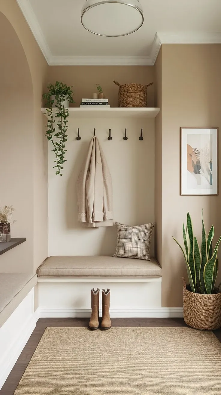 Step inside a haven of calm. This minimalist mudroom, with its soft beige palette and thoughtful touches like the potted plants and cozy seating area, welcomes you home. A perfect blend of functionality and understated elegance.