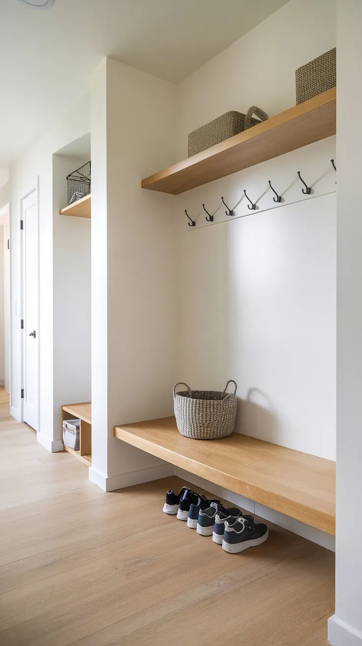 A simple, functional mudroom designed for modern living. The floating shelf and woven basket provide ample storage, keeping things tidy and the space feeling open and airy. A perfect blend of form and function.
