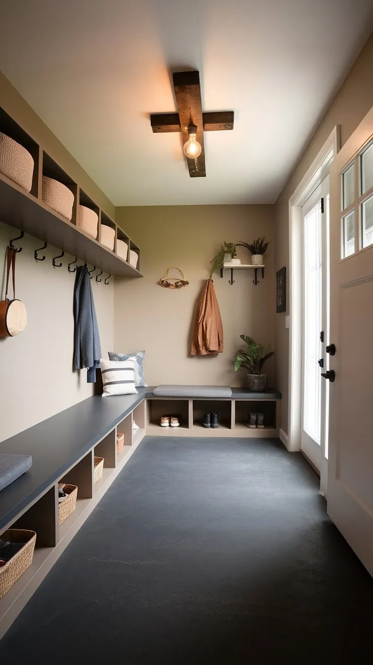This townhome's mudroom is a masterclass in understated elegance. The dark grey flooring contrasts beautifully with the beige walls, while the thoughtfully designed storage-from the spacious shelf to the convenient coat hooks-keeps everything in its place. A comfortable bench and a few personal touches complete this functional yet stylish entryway.