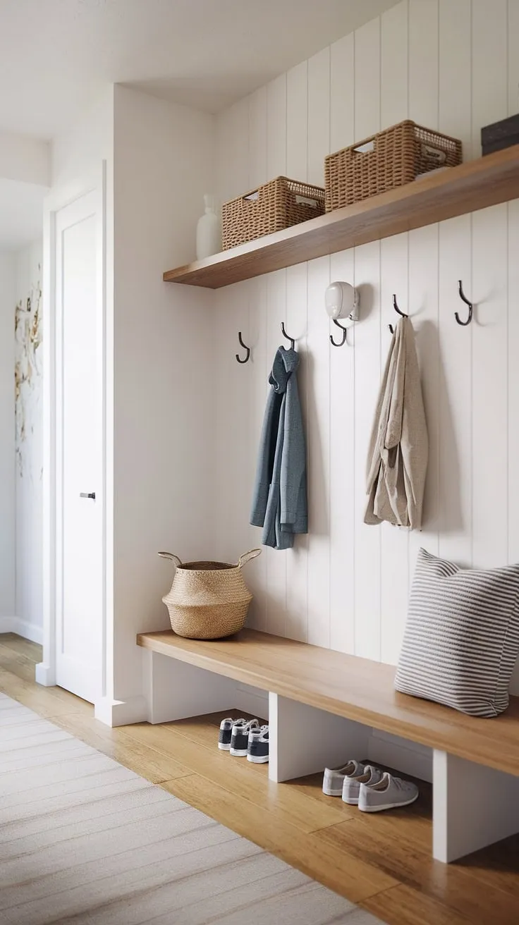 Step into effortless organization with this minimalist mudroom. Clean lines, natural wood tones, and thoughtful storage solutions create a welcoming and functional space. A perfect blend of form and function.