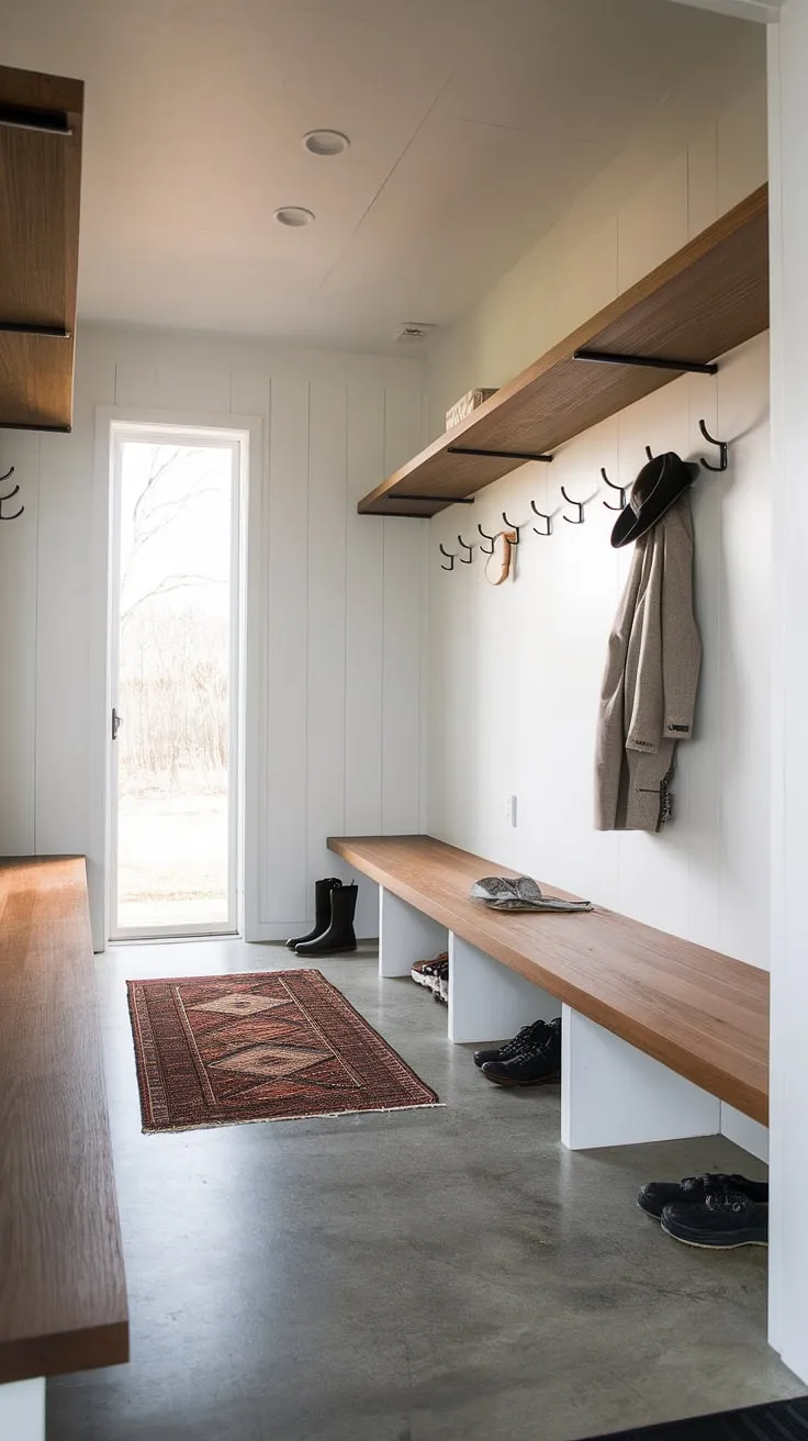 Step inside this minimalist mudroom, where clean lines and functional design create a welcoming entryway. The concrete floor, white walls, and warm wood shelving provide a perfect backdrop for everyday organization. A thoughtfully placed rug adds a touch of warmth, while ample storage keeps coats, hats, and boots neatly tucked away. A sense of calm and order prevails, making this space a true haven after a long day.