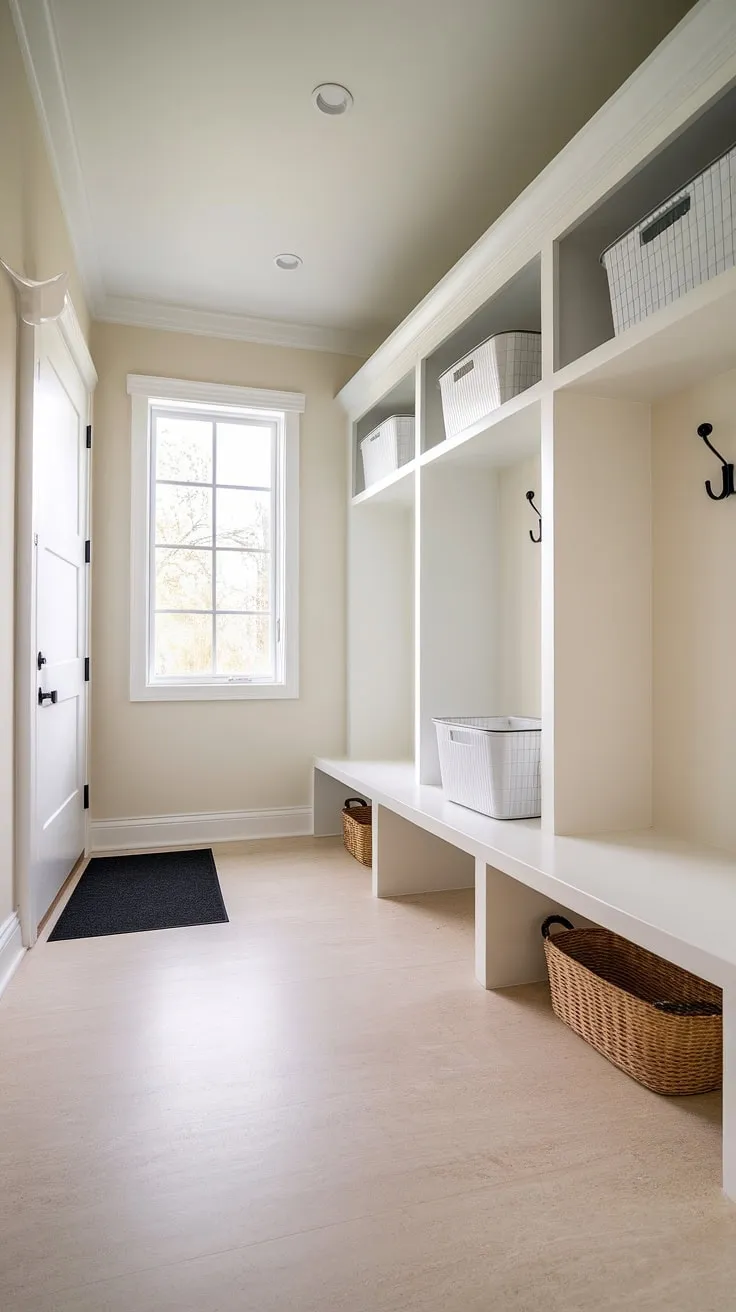 Step into serenity. This minimalist mudroom, with its clean lines and functional storage, effortlessly blends style and practicality. The airy space, bathed in natural light, offers a welcoming entryway, perfectly organized with thoughtfully designed shelving and ample storage solutions. A true testament to the power of simple elegance.