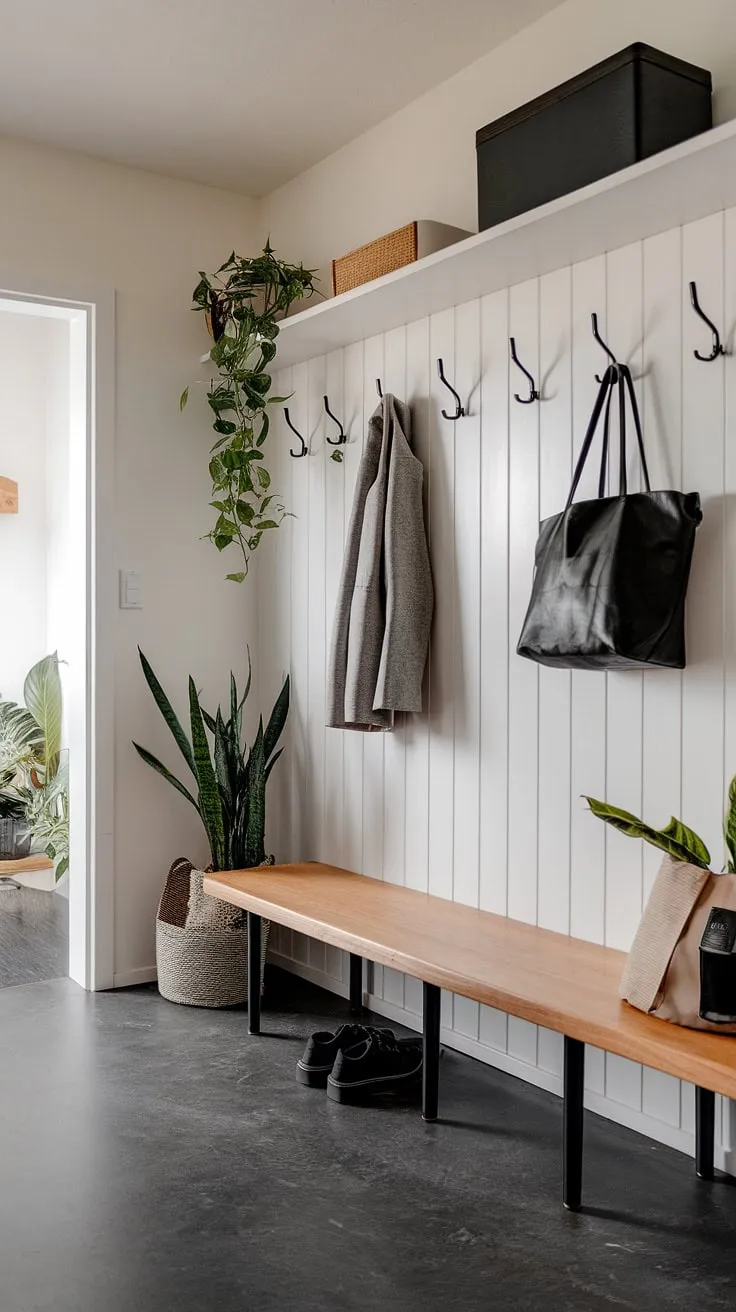 A minimalist mudroom designed for effortless organization. The dark gray flooring contrasts beautifully with the white walls, creating a calm and functional space. A simple wooden bench provides a place to sit and remove shoes, while strategically placed hooks keep coats and bags neatly stored. A touch of greenery adds life to this practical area, making it feel less like a utility space and more like a welcoming entryway.
