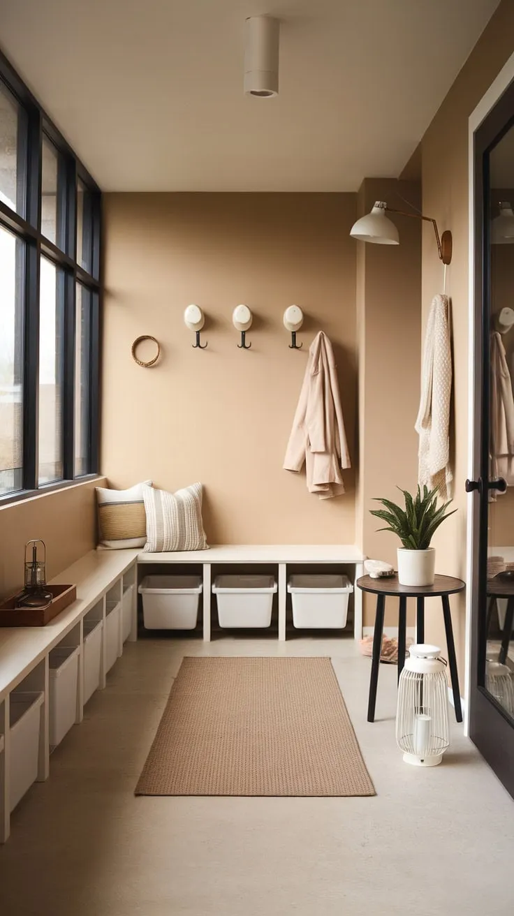 A haven of calm amidst the daily rush. This thoughtfully designed mudroom seamlessly blends practicality with style. The airy space, featuring a neutral color scheme and ample storage, welcomes you home with a sense of peace. Every detail, from the soft rug underfoot to the carefully chosen accessories, contributes to its tranquil ambiance.