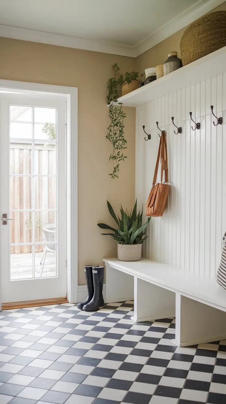A haven of calm amidst the chaos: This mudroom's minimalist design, featuring a neutral palette and clean lines, creates a peaceful transition from outdoors to in. The white shelf and hooks provide ample storage for coats and accessories, while the black and white checkered floor adds a touch of playful sophistication. A pair of boots rests patiently, ready for the next adventure. A perfect example of how less can be so much more.