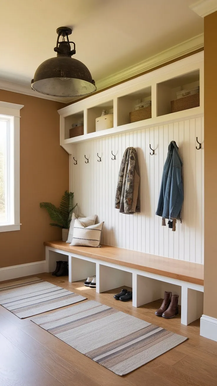 Warmth and functionality meet in this thoughtfully designed mudroom. The neutral palette, complemented by the industrial pendant light, creates a sophisticated yet practical space. A comfortable bench, convenient coat hooks, and a small plant add personality and a touch of nature to this essential area of the home.