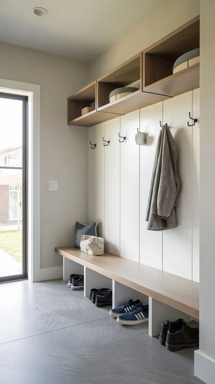 This minimalist mudroom harmoniously combines sleek design and practicality, creating a stylish sanctuary for coats and shoes that bridges the outside world with home comfort.