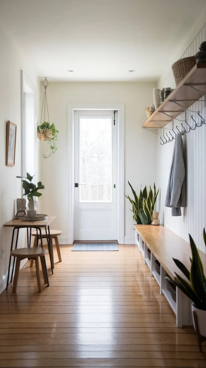 A sunlit minimalist mudroom harmoniously merges the outdoors with serene simplicity, featuring clean lines, wooden floors, and a touch of greenery for an elegant yet functional entryway.