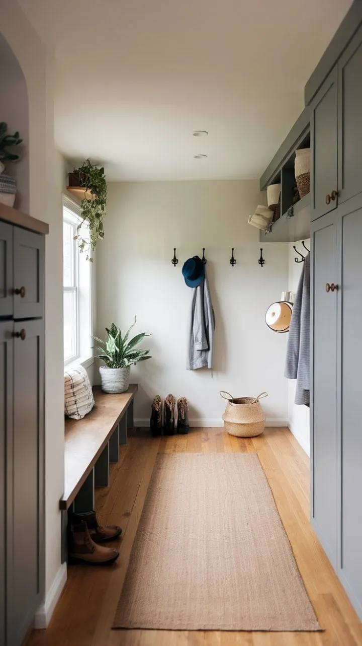 This serene mudroom, with its clean lines and abundant natural light, offers a sophisticated yet practical sanctuary that welcomes you amidst the daily hustle.